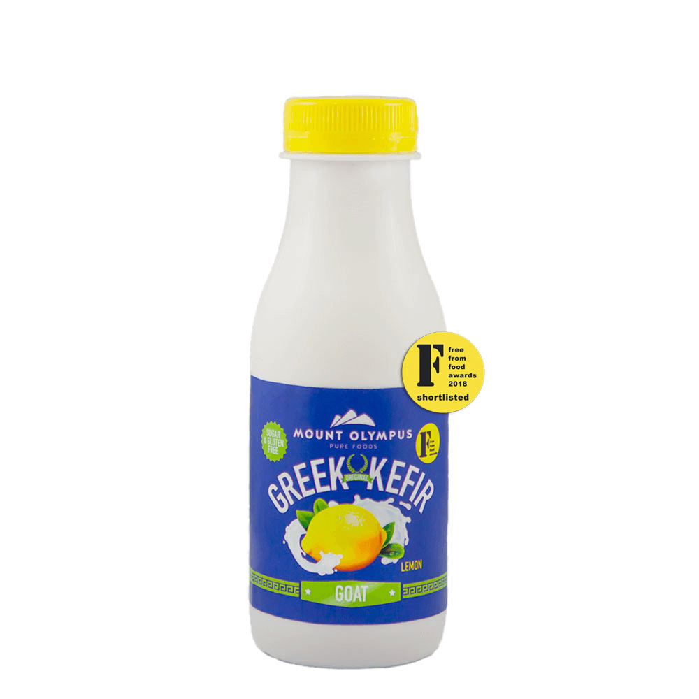 Greek goats milk kefir lemon drink, probiotic beverage for gut health, sugar free and gluten free.
