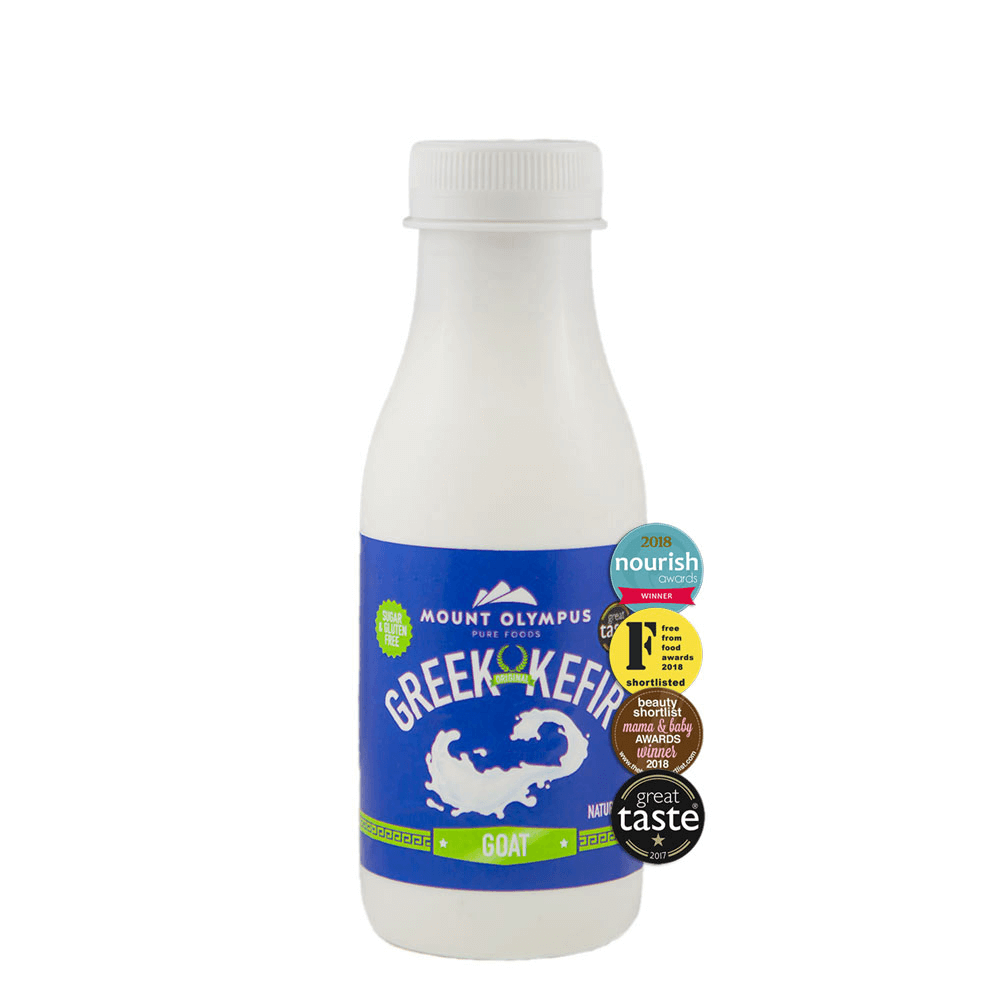 Greek goats milk kefir bottle, 330ml, eco-friendly, sugar-free probiotic drink for gut health and digestion.