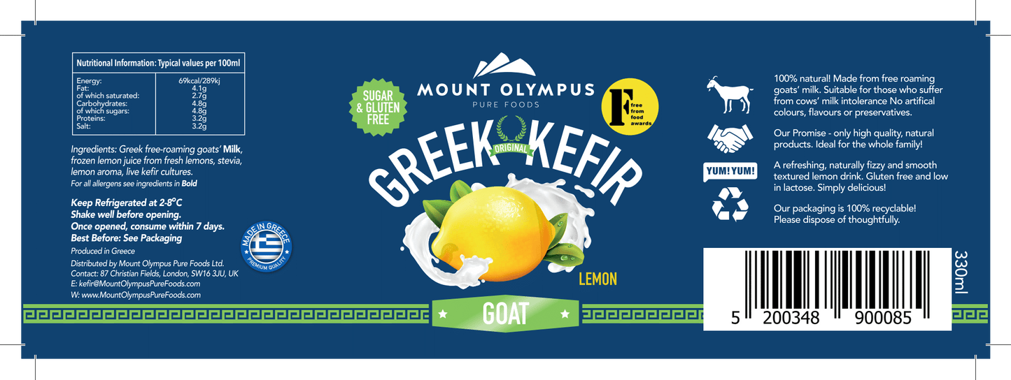 Greek Goats Milk Kefir Lemon label showcasing nutritional info, eco-friendly packaging, and natural ingredients.