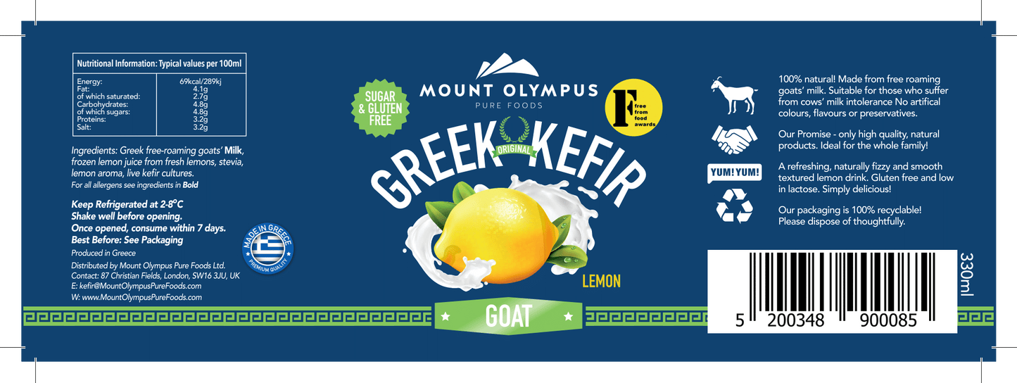 Greek Lemon Goat Kefir label by Mount Olympus, featuring organic ingredients, probiotic benefits, and eco-friendly packaging.