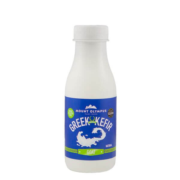 Mount Olympus Greek Goats Milk Kefir 330ml bottle, sugar-free probiotic drink for gut health, eco-friendly packaging.