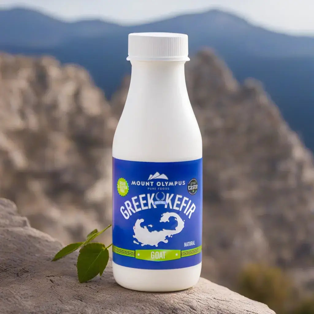 Greek goats milk kefir bottle from Mount Olympus, 330ml, promoting gut health and probiotic benefits, eco-friendly packaging.