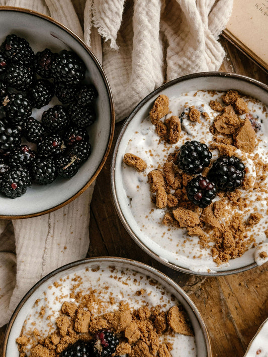 Greek Goat’s Kefir Breakfast Bowl with Granola and Elderberries